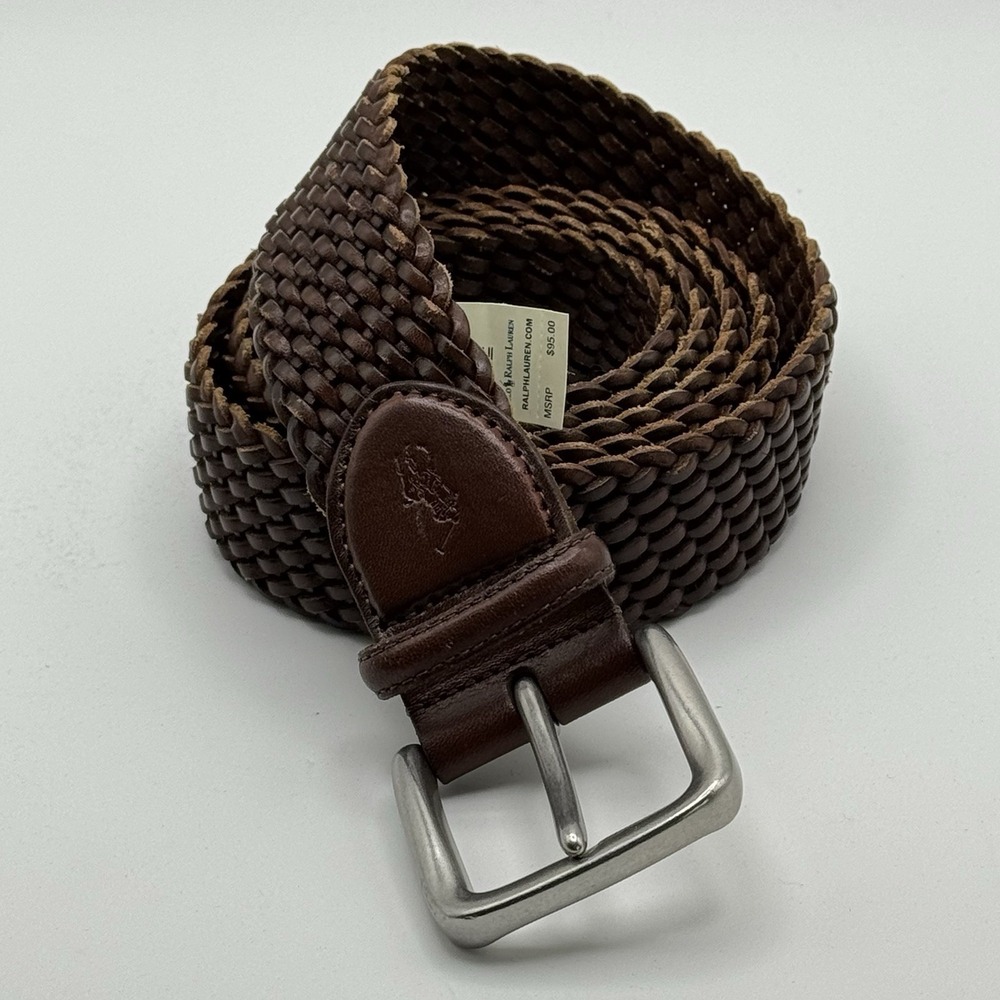 Polo Ralph Lauren Braided Woven Leather Belt Brown Size 54 MSRP $95 Vachetta